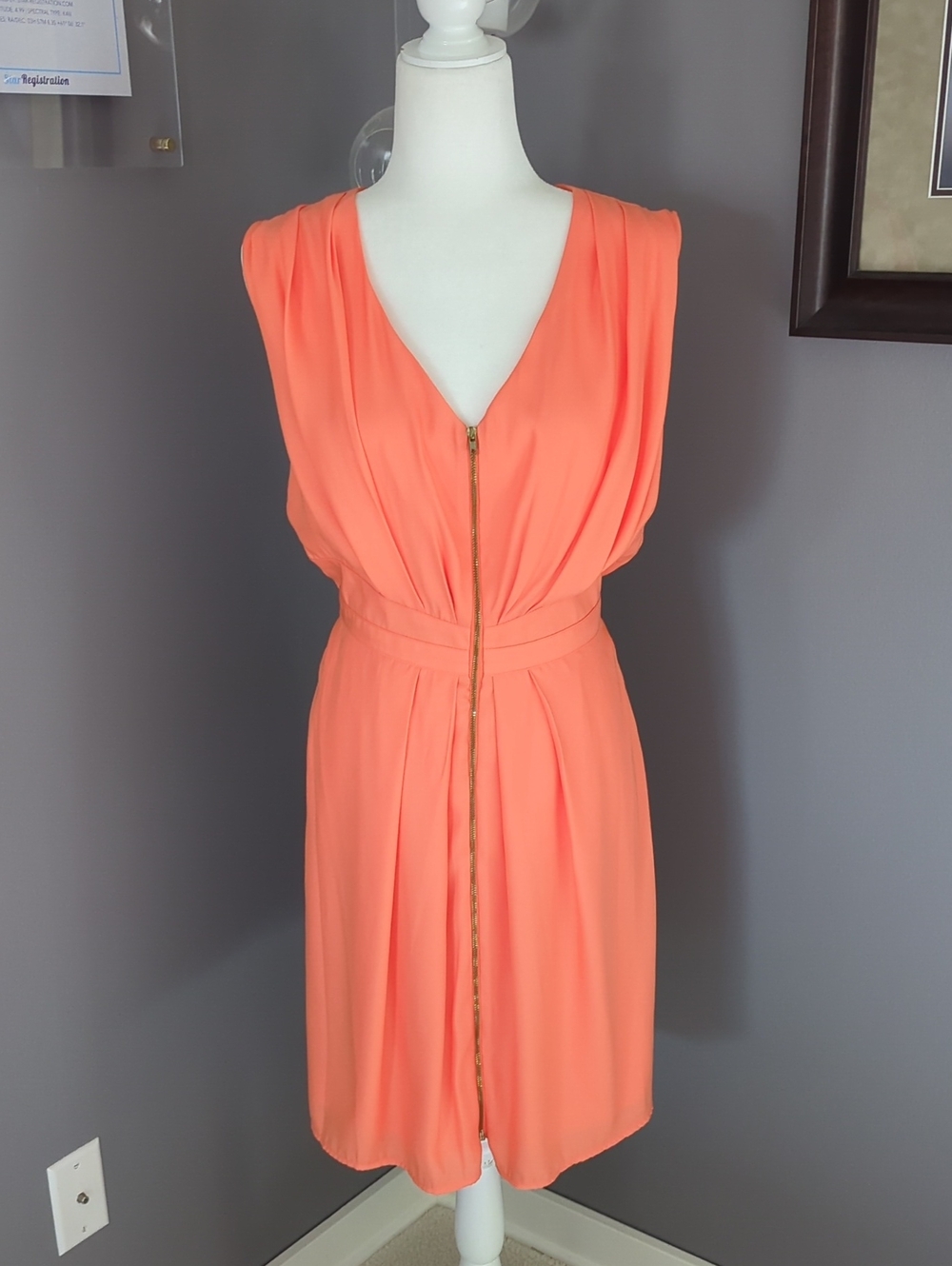 Bar III Coral-Orange Zip Front V-Neck Dress